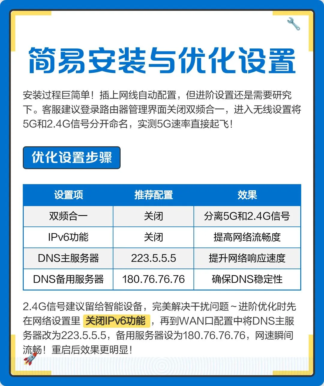 安装过程巨简单!插上网线自动配置,但进阶设置还是需要研究下。客服建议登录路由器管理界面关闭双频合一,进入无线设置将5G和2.4G信号分开命名,实测5G速率直接起飞!2.4G留给智能设备,完美解决干扰问题~进阶优化时先在网络设置里关闭IPv6功能,再到WAN口配置中将DNS主服务器改为223.5.5.5,备用服务器设为180.76.76.76,网速瞬间流畅!重启后效果更明显!